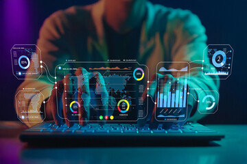 Futuristic digital interface showcasing data analysis with virtual graphs and charts integrated into a modern workspace setting at night.