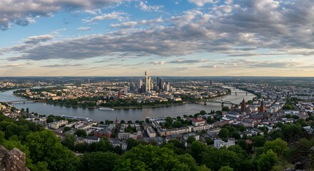 Fototapeta premium Cityscape View at Dusk River Flowing Through City