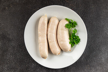 White sausage meat dish fresh bratwurst sausage dish fresh delicious gourmet food background on the...
