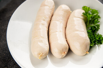 White sausage meat dish fresh bratwurst sausage dish fresh delicious gourmet food background on the table rustic food top view copy space