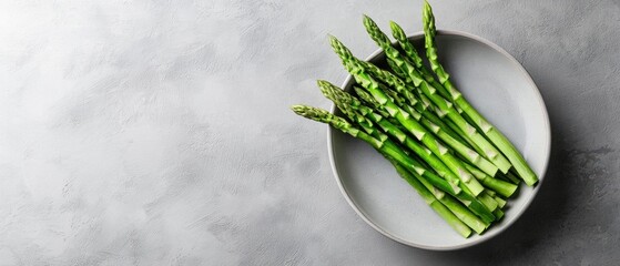 Plate of fresh asparagus spears on a gray textured background. the plate is round and has a light grey color. the spears are arranged in a neat pile and are a vibrant green color.
