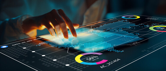 Futuristic Hand Interacting with Digital Touchscreen Display of Data Analytics and Global Information on a Transparent Interface in a Dark Environment