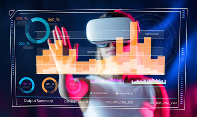 Woman Engaging with Virtual Reality Technology in a Futuristic Environment with Data Visualizations and Interactive Interface Elements