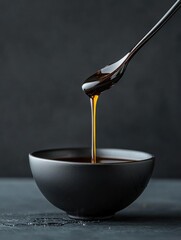 Black bowl with a spoonful of dark liquid being poured into it. the liquid appears to be a dark brown color and is flowing from the spoon into the bowl.