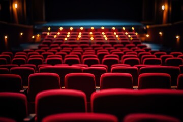 Fototapeta premium Empty theater interior with warm light and red chairs