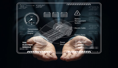 Hands Holding Digital Interface of Electric Vehicle Components with Battery and Power Management Information for Innovative Transport Solutions © Luke