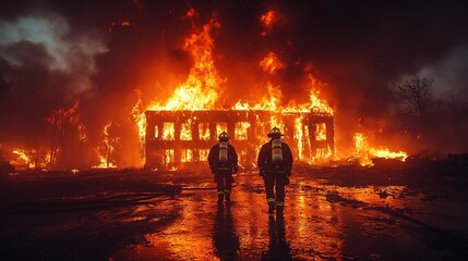 Fototapeta premium Burning wooden house with intense flames and thick black smoke rising into dark night sky. Disaster, emergency, fire accident, arson or wildfire concept. 