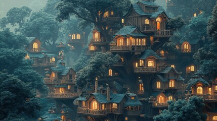 Naklejka premium Lush forest landscape filled with luminous tree houses.
