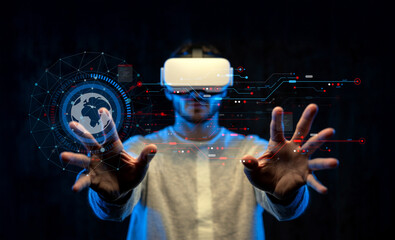 Young person wearing virtual reality headset exploring digital interface with global map and data visualization in futuristic setting