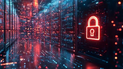 Secure digital fortress Glowing data streams and a holographic lock in a high tech server room - Powered by Adobe