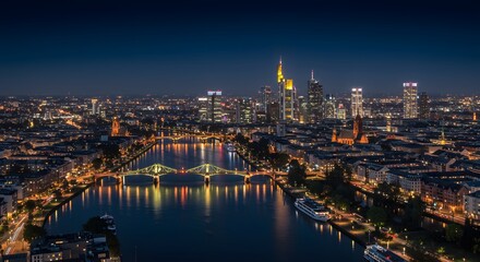 Obraz premium City Skyline at Night with River Reflection and Glowing Lights