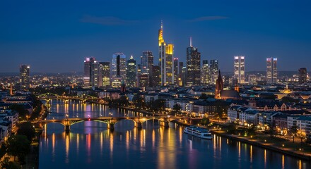 Obraz premium City Skyline at Dusk Reflecting on River with Bridges