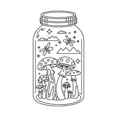 Crystal jar inside the Mushrooms outline vector illustration