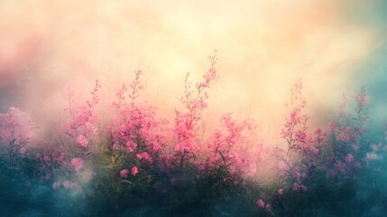 Delicate pink flowers in a soft, dreamy landscape.