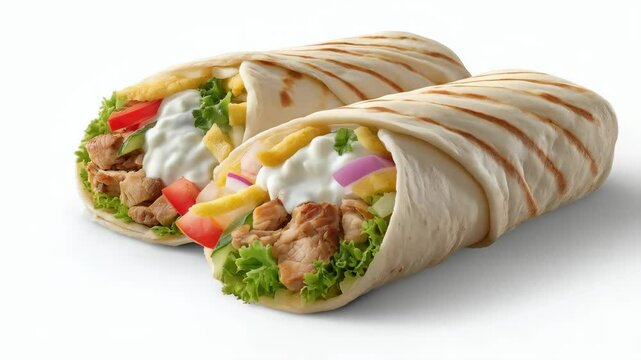 Two appetizing grilled chicken wraps with fresh vegetables and creamy sauce on a white background, perfect for food photography.