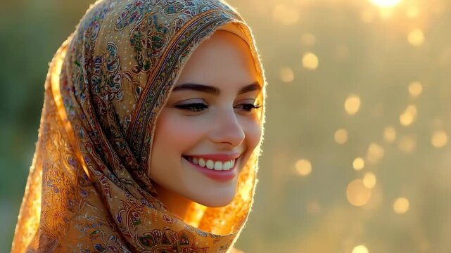 A serene woman s profile framed in a patterned hijab and golden light