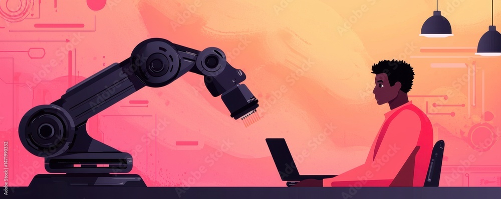 Poster a man works on a laptop beside a robotic arm in a modern, colorful workspace with a technological at