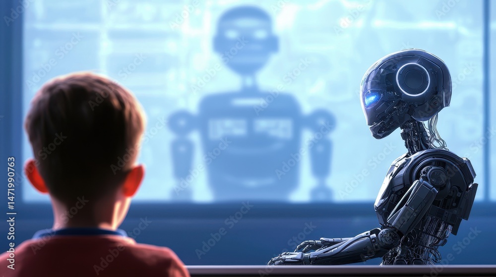Aufkleber A young boy sits across from a humanoid robot, both facing a screen displaying a digital robot figure in a futuristic setting.