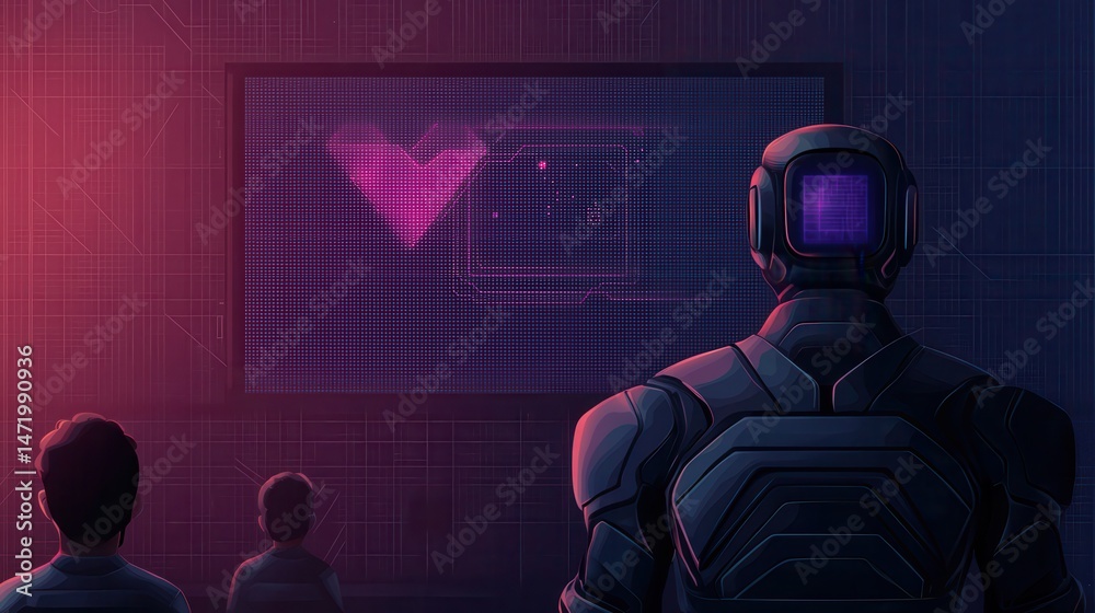 Poster a robot and two humans watch a digital screen displaying a heart and data, in a futuristic, tech-lit