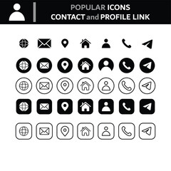 Minimalist contact and profile icons set. Includes globe, email, location, home, user, phone, and send symbols in various styles. Perfect for UI, web, and app design.