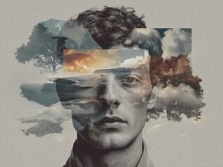 A portrait collage featuring layered landscapes within a thoughtful male figure.