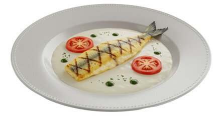Isolated grilled fish with tomato slices