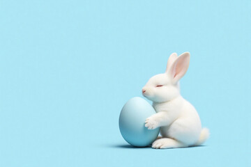 white rabbit sitting next to a blue egg