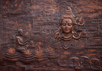 Architecture of hindu god shiv temple on the ghats of river ganga in varanasi to worship. Idol of god shiv.