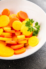 Carrot rings boiled vegetable vegetable dish fresh delicious gourmet food background on the table rustic food top view copy space keto and paleo diet vegetarian and vegan food