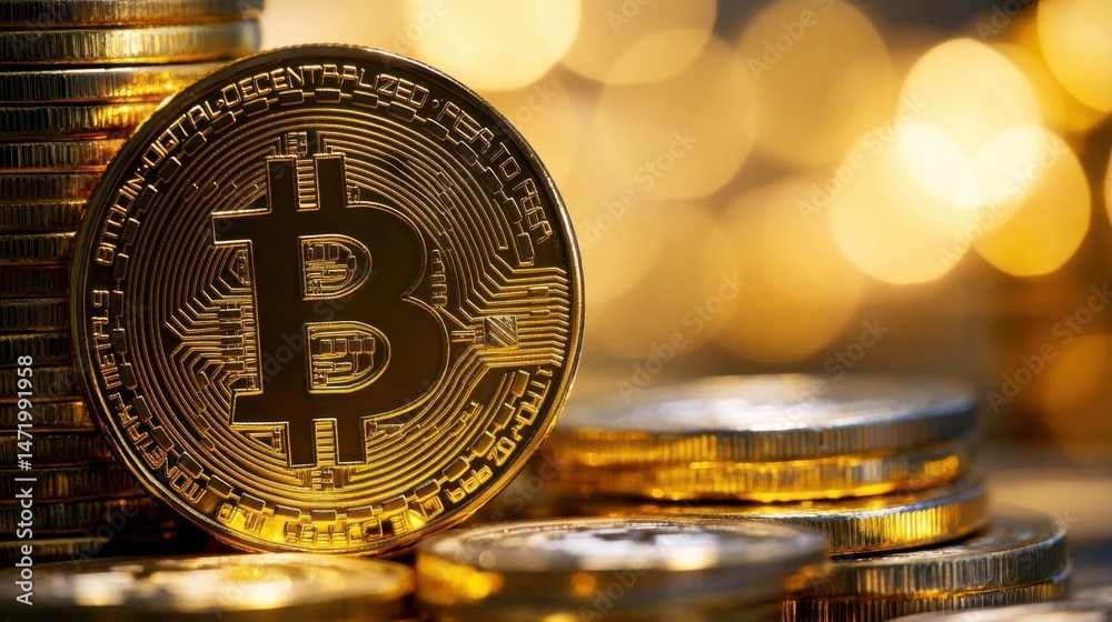 Leinwandbilder Close-up of a golden bitcoin cryptocurrency coin resting on a stack of similar coins, with a bokeh background of warm, golden lights. : Generative AI