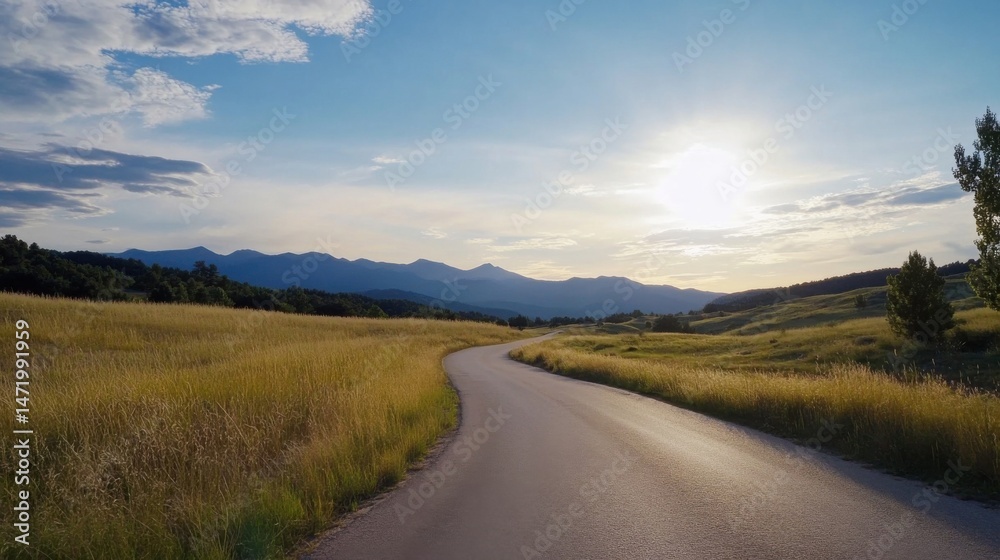 Poster serene sunset view of a winding asphalt road leading through golden grasslands towards a majestic mo