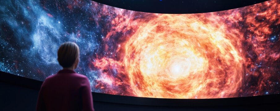A person observes a massive, fiery cosmic phenomenon displayed on a large, curved screen in a dark room.