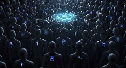 Obraz premium Abstract crowd of figures surrounding a central glowing element