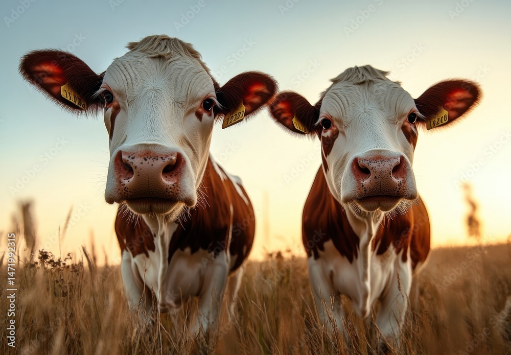 Poster two curious brown and white cows gaze directly at the camera in a golden wheat field at sunset, thei