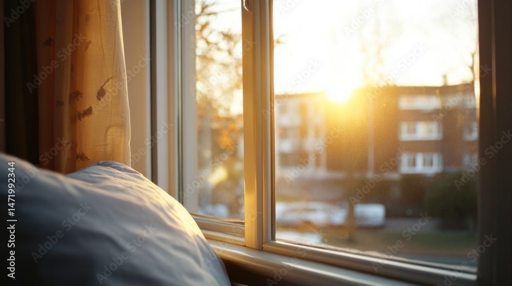 Poster sunlight streams through a bedroom window, illuminating a bed and curtains, with a blurred cityscape