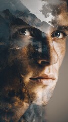 Double exposure portrait of a man with a mountain landscape.