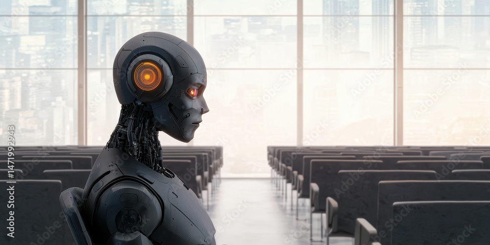 Poster a humanoid robot sits alone in a modern, empty conference room with city buildings visible through l