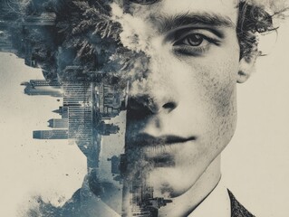 A composite portrait combining cityscapes and nature.