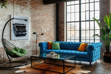 Modern industrial living room with hanging chair and blue sofa