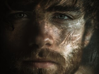 Obraz premium Close-up portrait of a man with textured face and intense gaze.