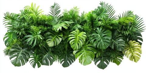 Lush Green Tropical Plant Wall with Dense Foliage and Vibrant Greenery Featuring Various Leaf Textures in a Botanical and Natural Design for Decoration on White Background