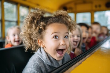 A child's excitement on a school bus ride to a new adventure