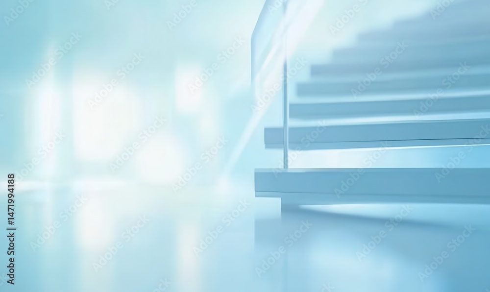 Aufkleber Modern White Stairs with Glass Railing in Bright Abstract Room Interior Design Architecture with Minimalist Style and Blue Background