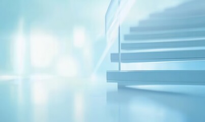 Obraz premium Modern White Stairs with Glass Railing in Bright Abstract Room Interior Design Architecture with Minimalist Style and Blue Background