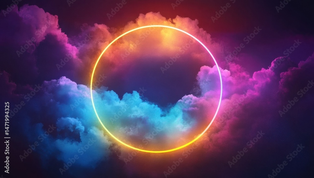 Poster neon circle frame amidst multicolored clouds in a dreamlike celestial space with vibrant energy abst