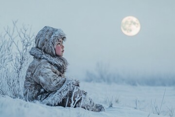 Young child wearing winter clothes observing rising moon in snowy landscape