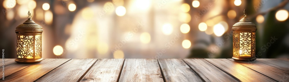 Poster ornate golden lanterns illuminating a wooden table with bokeh lights creating an arabic festive ambi