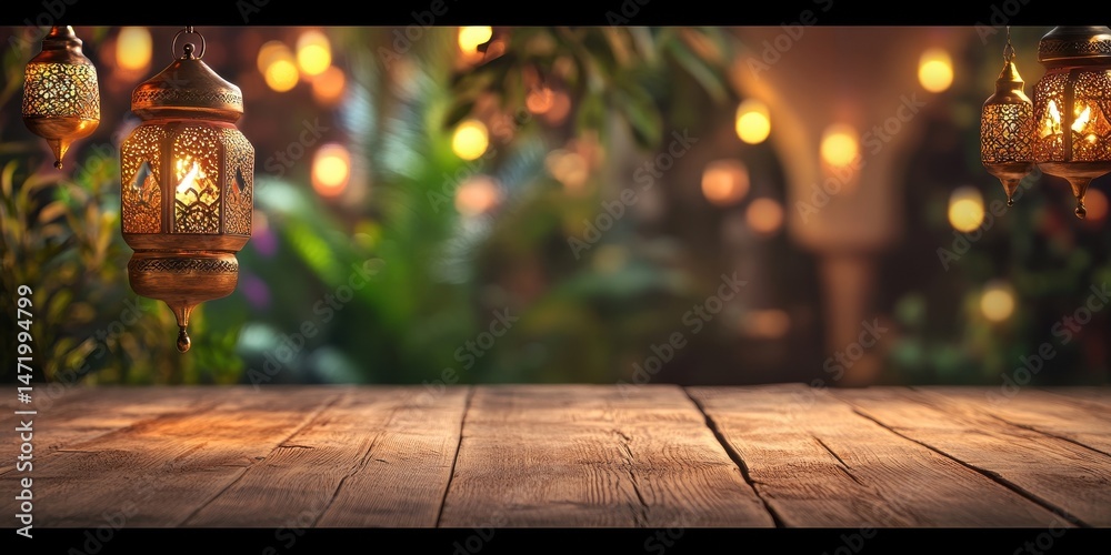Poster Ornate Golden Lanterns with Bokeh Lights Hanging above a Rustic Wooden Table Creating Warm and Atmospheric Lighting Perfect for Holiday Celebration Backgrounds