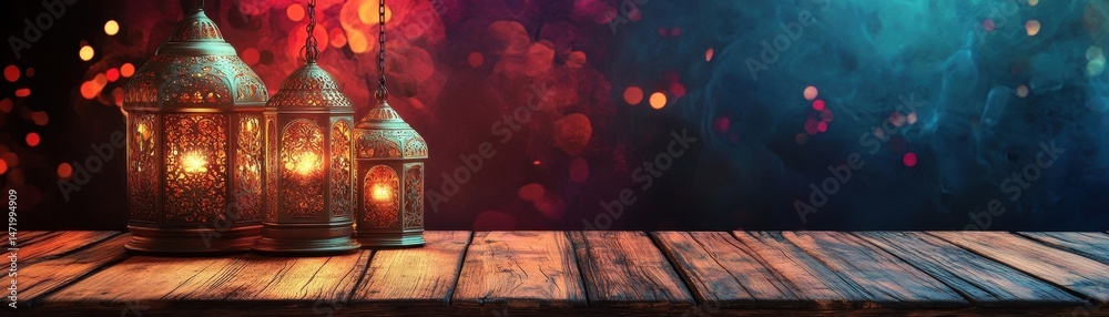 Poster ornate lanterns glow warmly on wooden table against bokeh background creating festive islamic ramada