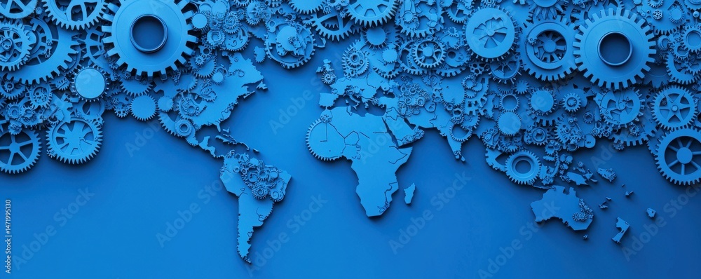 Poster a blue world map is creatively designed with interlocking gears, symbolizing global connection, inno